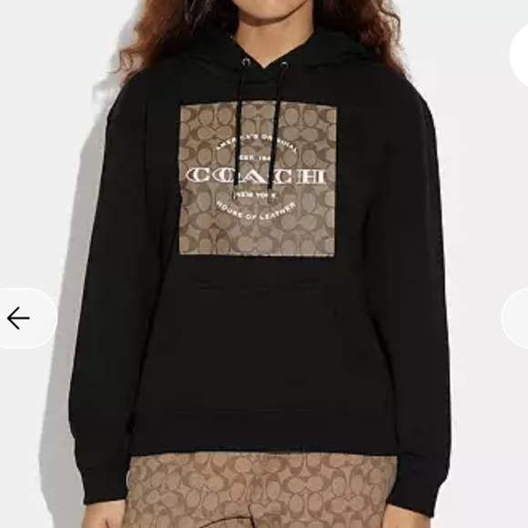 Coach Tops - Coach Black Signature Square Hoodie with Brown Logo Panel 100% Cotton C8784